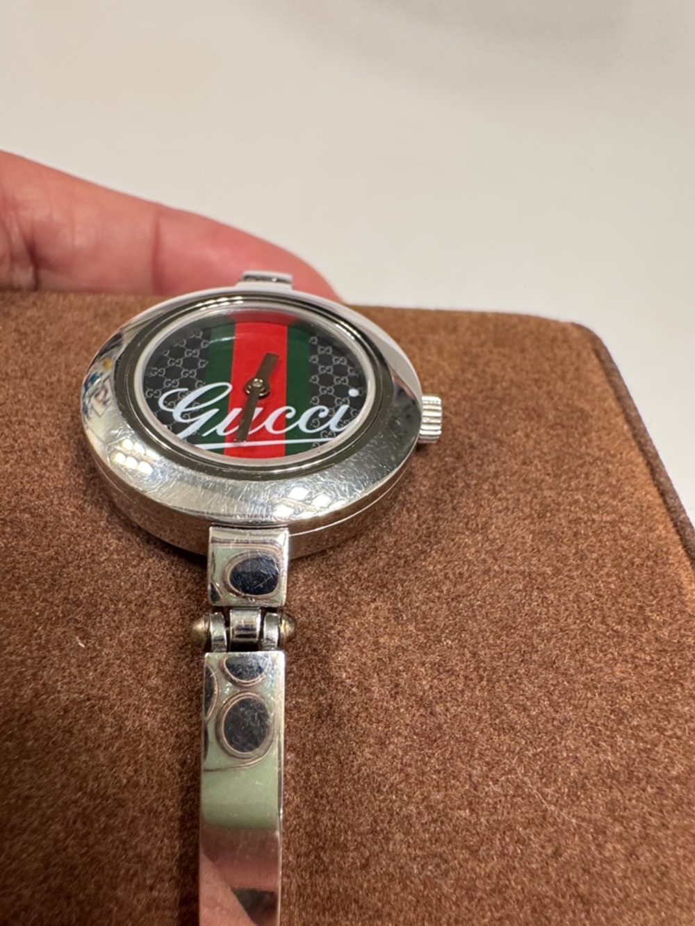 Authentic Gucci Silver Bangle Watch with Green and Red Stripe Dial - Picture 12 of 14